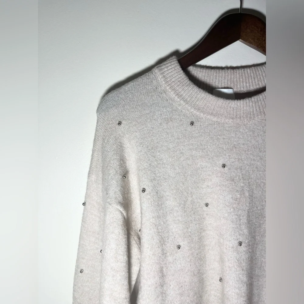H&M‎ Neutral Knitted Crewneck Sweater Beaded Embellishments | Small